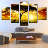 African Sunset With Acacia Tree Landscape 5 Piece Canvas Wall Art Painting Wallpaper Poster Picture Print Photo Decor
