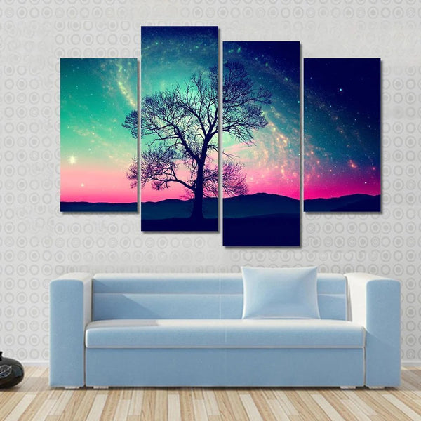 Tree Under Andromeda Galaxy Night Earth Space 4 Piece Canvas Wall Art Painting Wallpaper Poster Picture Print Photo Decor