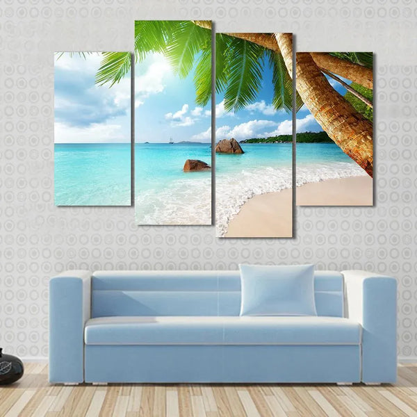 Anse Lazio Beach Seychelles Palm Trees Turquoise Ocean 4 Piece Canvas Wall Art Painting Wallpaper Poster Picture Print Photo Decor