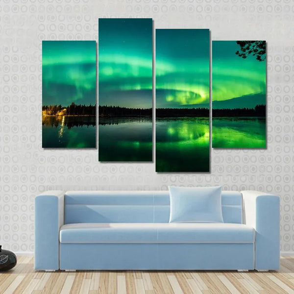 Aurora Northern Lights Over Finnish Lake 4 Piece Canvas Wall Art Painting Wallpaper Poster Picture Print Photo Decor