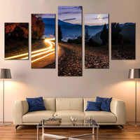 Autumn Landscape Countryside Road With Light Trails 5 Piece Canvas Wall Art Painting Wallpaper Poster Picture Print Photo Decor