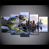 Bass Fishing Scene Fisherman Lake Fishing 5 Piece Canvas Wall Art Painting Wallpaper Poster Picture Print Photo Decor