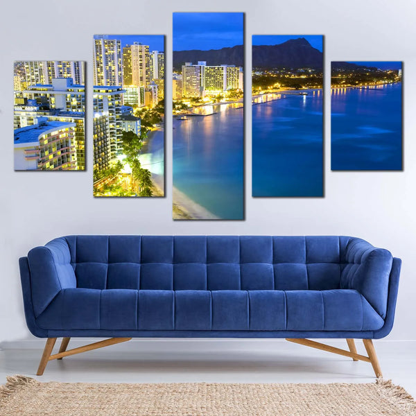Honolulu Waikiki Beach Blue Ocean Night Skyline 5 Piece Canvas Wall Art Painting Wallpaper Poster Picture Print Photo Decor