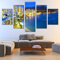 Honolulu Waikiki Beach Blue Ocean Night Skyline 5 Piece Canvas Wall Art Painting Wallpaper Poster Picture Print Photo Decor