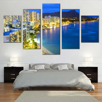 Honolulu Waikiki Beach Blue Ocean Night Skyline 5 Piece Canvas Wall Art Painting Wallpaper Poster Picture Print Photo Decor