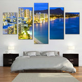 Honolulu Waikiki Beach Blue Ocean Night Skyline 5 Piece Canvas Wall Art Painting Wallpaper Poster Picture Print Photo Decor