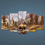 Bear Wild Tree Forest Mountain Landscape 5 Piece Canvas Wall Art Painting Wallpaper Poster Picture Print Photo Decor