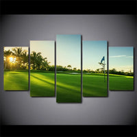Sunlit Tropical Golf Course Landscape Sunrise 5 Piece Canvas Wall Art Painting Wallpaper Poster Picture Print Photo Decor