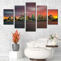 Sydney Skyline Sunset With Opera House Australia 5 Piece Canvas Wall Art Painting Wallpaper Poster Picture Print Photo Decor