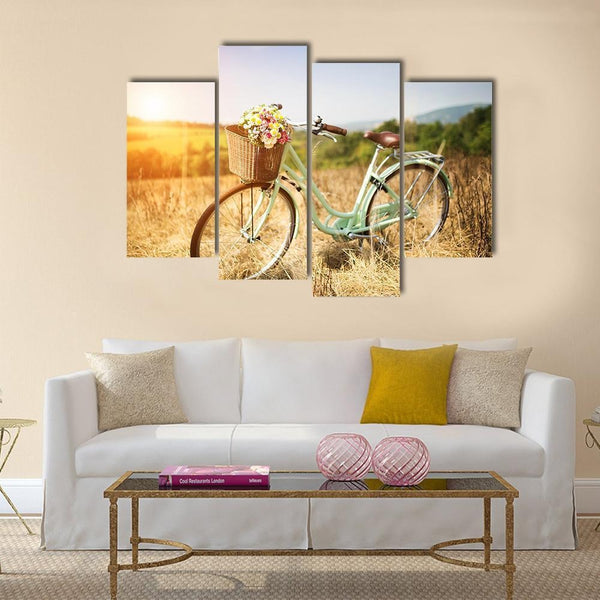 Vintage Bicycle With Basket Of Flowers In Countryside 4 Piece Canvas Wall Art Painting Wallpaper Poster Picture Print Photo Decor