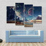 Alien Planet Cosmic Mountains Landscape Starry Sky 4 Piece Canvas Wall Art Painting Wallpaper Poster Picture Print Photo Decor