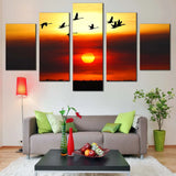 Bird Flock Silhouette At Sunset Red Sky 5 Piece Canvas Wall Art Painting Wallpaper Poster Picture Print Photo Decor