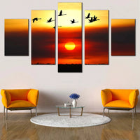 Bird Flock Silhouette At Sunset Red Sky 5 Piece Canvas Wall Art Painting Wallpaper Poster Picture Print Photo Decor
