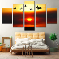 Bird Flock Silhouette At Sunset Red Sky 5 Piece Canvas Wall Art Painting Wallpaper Poster Picture Print Photo Decor