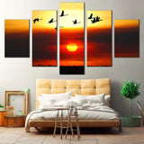 Bird Flock Silhouette At Sunset Red Sky 5 Piece Canvas Wall Art Painting Wallpaper Poster Picture Print Photo Decor