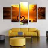 Black Swans Swimming Heart Reflection Sunset 5 Piece Canvas Wall Art Painting Wallpaper Poster Picture Print Photo Decor