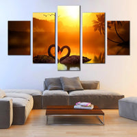 Black Swans Swimming Heart Reflection Sunset 5 Piece Canvas Wall Art Painting Wallpaper Poster Picture Print Photo Decor
