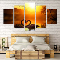 Black Swans Swimming Heart Reflection Sunset 5 Piece Canvas Wall Art Painting Wallpaper Poster Picture Print Photo Decor