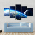 Earth And Moon Blue Planet Space View 5 Piece Canvas Wall Art Painting Wallpaper Poster Picture Print Photo Decor