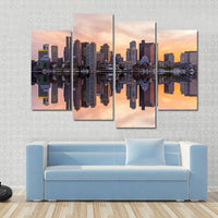 Boston Skyline Reflection At Sunset Cityscape 4 Piece Canvas Wall Art Painting Wallpaper Poster Picture Print Photo Decor