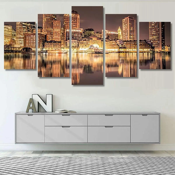 Boston Skyline Night Water Reflection City Landscape 5 Piece Canvas Wall Art Painting Wallpaper Poster Picture Print Photo Decor