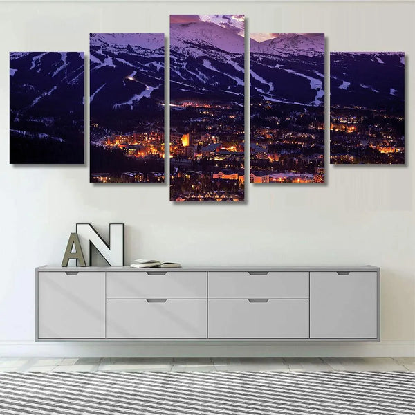Breckenridge Winter Sunset Colorado Mountain Town 5 Piece Canvas Wall Art Painting Wallpaper Poster Picture Print Photo Decor