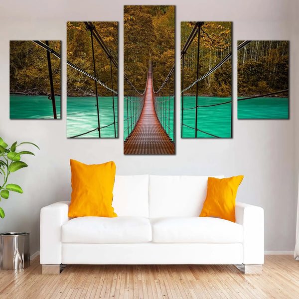 Suspension Bridge Over Green River Autumn Forest 5 Piece Canvas Wall Art Painting Wallpaper Poster Picture Print Photo Decor