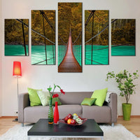 Suspension Bridge Over Green River Autumn Forest 5 Piece Canvas Wall Art Painting Wallpaper Poster Picture Print Photo Decor
