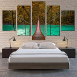 Suspension Bridge Over Green River Autumn Forest 5 Piece Canvas Wall Art Painting Wallpaper Poster Picture Print Photo Decor