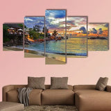 Tropical Beach Sunset Cafe Scenic Ocean View 5 Piece Canvas Wall Art Painting Wallpaper Poster Picture Print Photo Decor