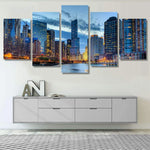 Chicago City Night Skyline Vibrant Cityscape 5 Piece Canvas Wall Art Painting Wallpaper Poster Picture Print Photo Decor