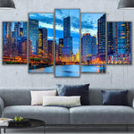 Chicago City Skyline Night View Cityscape 5 Piece Canvas Wall Art Painting Wallpaper Poster Picture Print Photo Decor