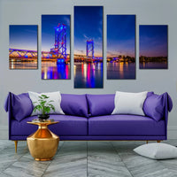 Memorial River Bridge Night View Blue Night Sky 5 Piece Canvas Wall Art Painting Wallpaper Poster Picture Print Photo Decor
