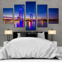 Memorial River Bridge Night View Blue Night Sky 5 Piece Canvas Wall Art Painting Wallpaper Poster Picture Print Photo Decor