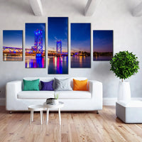 Memorial River Bridge Night View Blue Night Sky 5 Piece Canvas Wall Art Painting Wallpaper Poster Picture Print Photo Decor
