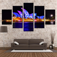 Illuminated Sydney Opera House Skyline City Light 5 Piece Canvas Wall Art Painting Wallpaper Poster Picture Print Photo Decor