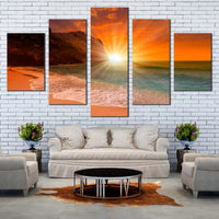 Golden Sunrise Over Ocean Beach Seascape 5 Piece Canvas Wall Art Painting Wallpaper Poster Picture Print Photo Decor