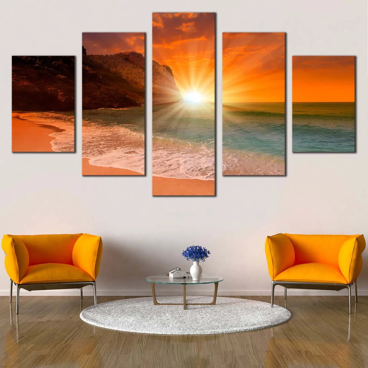 Golden Sunrise Over Ocean Beach Seascape 5 Piece Canvas Wall Art Paint ...
