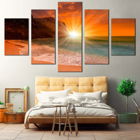 Golden Sunrise Over Ocean Beach Seascape 5 Piece Canvas Wall Art Painting Wallpaper Poster Picture Print Photo Decor