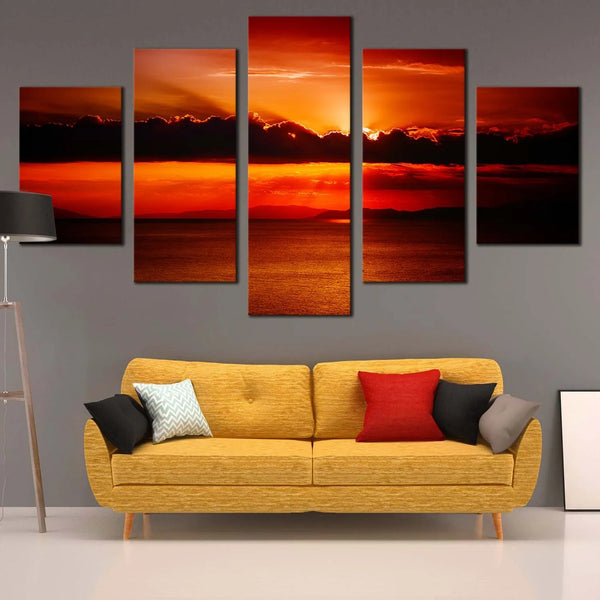 Dramatic Sky Red Sunset Over Ocean Clouds Sea 5 Piece Canvas Wall Art Painting Wallpaper Poster Picture Print Photo Decor