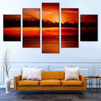Dramatic Sky Red Sunset Over Ocean Clouds Sea 5 Piece Canvas Wall Art Painting Wallpaper Poster Picture Print Photo Decor