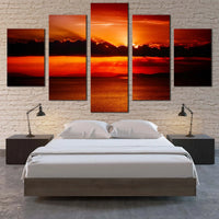 Dramatic Sky Red Sunset Over Ocean Clouds Sea 5 Piece Canvas Wall Art Painting Wallpaper Poster Picture Print Photo Decor