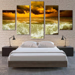 Dramatic Yellow Sky And Ocean Waves Cloudy Seascape 5 Piece Canvas Wall Art Painting Wallpaper Poster Picture Print Photo Decor