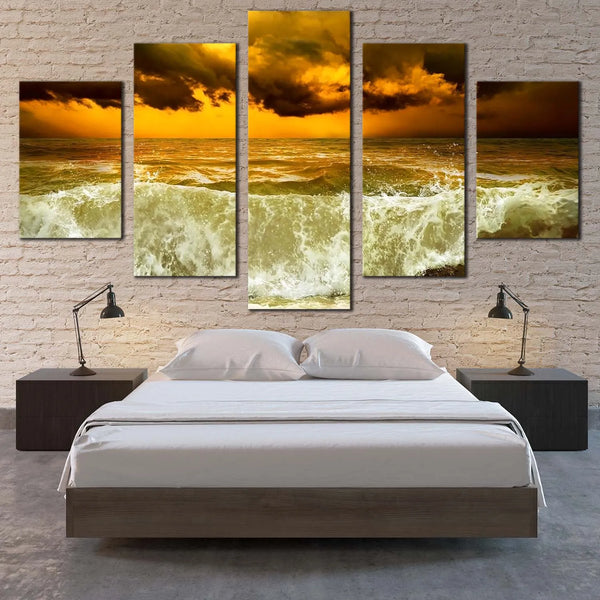 Dramatic Yellow Sky And Ocean Waves Cloudy Seascape 5 Piece Canvas Wall Art Painting Wallpaper Poster Picture Print Photo Decor