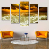 Dramatic Yellow Sky And Ocean Waves Cloudy Seascape 5 Piece Canvas Wall Art Painting Wallpaper Poster Picture Print Photo Decor