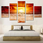 Golden Sunset Over Ocean Waves Cloudy Seascape 5 Piece Canvas Wall Art Painting Wallpaper Poster Picture Print Photo Decor