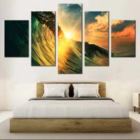 Ocean Sunset Waves Cloudy Sky 5 Piece Canvas Wall Art Painting Wallpaper Poster Picture Print Photo Decor
