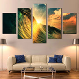 Ocean Sunset Waves Cloudy Sky 5 Piece Canvas Wall Art Painting Wallpaper Poster Picture Print Photo Decor
