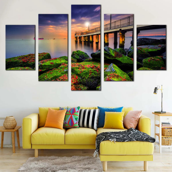 Cloudy Sunset Pier Seascape Green Boulders 5 Piece Canvas Wall Art Painting Wallpaper Poster Picture Print Photo Decor