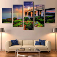 Cloudy Sunset Pier Seascape Green Boulders 5 Piece Canvas Wall Art Painting Wallpaper Poster Picture Print Photo Decor